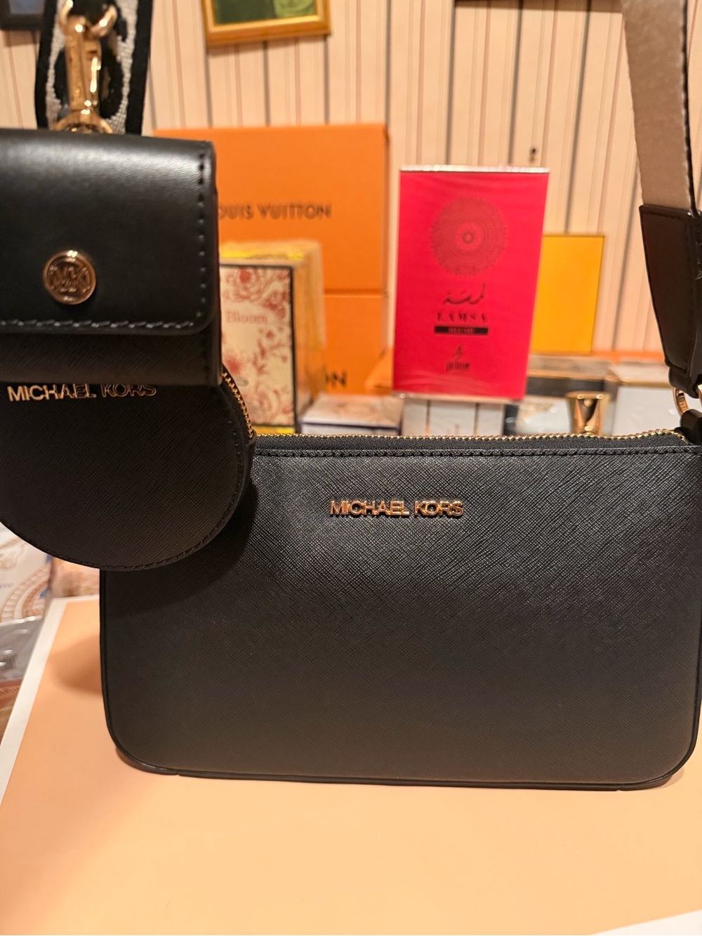 Michael Kors Black Saffiano Crossbody with Branded Canvas Strap - Picture 4 of 13